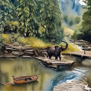 8.5x8.5in Serene Nature Art Print with Elephant and Boat